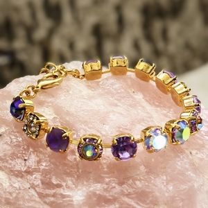 Lavender Violet &  Flower Crystals AB In Classic Tennis Gold Plated Bracelet